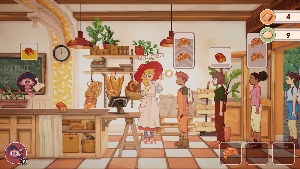 Image du jeu The Witch’s bakery où une sorcière boulangère dit bonjour à des clients de sa boulangerie passant commande pendant qu’un chat avec chapeau de sorcière manipule de la pâte feuilletée. 