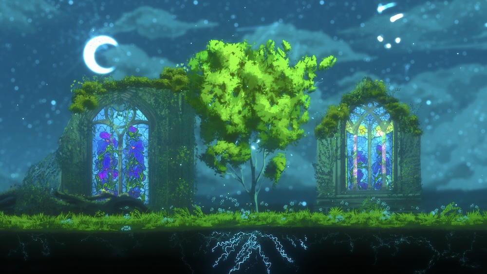 Image du jeu Treeplanter avec un arbre et ses racines entre deux morceaux de ruines d’église sous un ciel étoilé. 