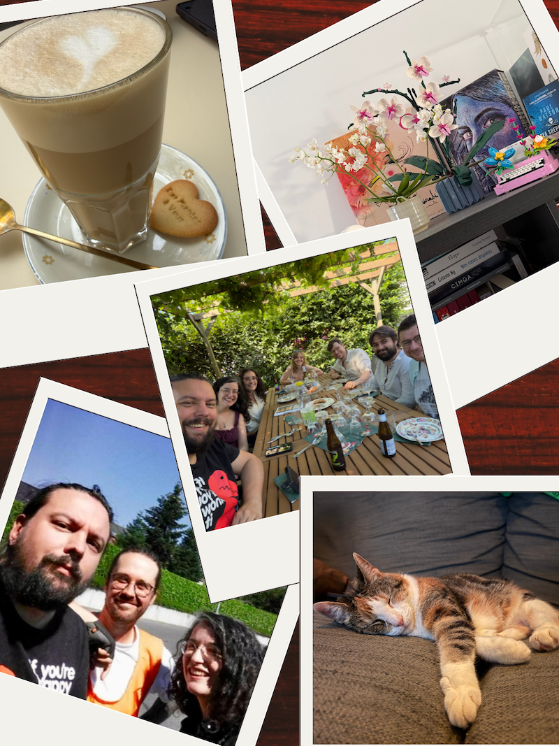 Dump du mois avec 1 photo de café avec biscuit en forme de coeur, 1 orchidée à côté d’une en Lego, une tablée d’amis, 1 photo de nous deux avec Monodie sur son tour d’Europe et 1 photo de mon chat qui dort sur le canapé