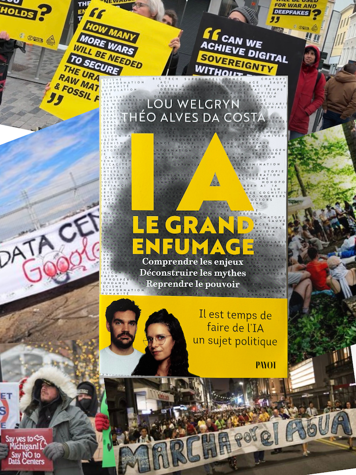 Livre IA le grand enfumage  pris en photo avec des images de luttes anti data center à travers le monde.