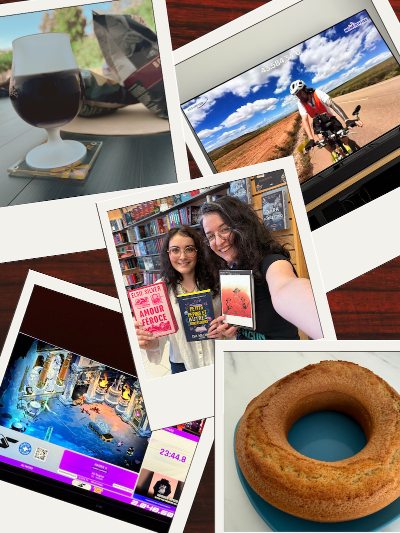 Photo d'une bière et de chips sur une terrasse ensoleillée, de Monodie sur la télé à vélo, de moi et ma collègue avec nos livres du club de lecture, du stream de Speedons sur la télé et d'un gâteau couronne