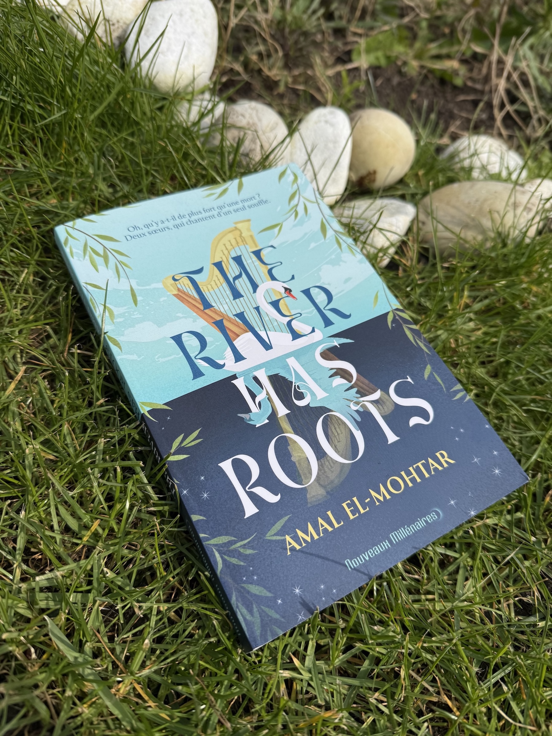 Livre posé sur l’herbe à côté de pierres et de plantes. La couverture de The river has roots montre une harpe et un cygne sur l’eau avec leur reflet et des branches de saules autour.