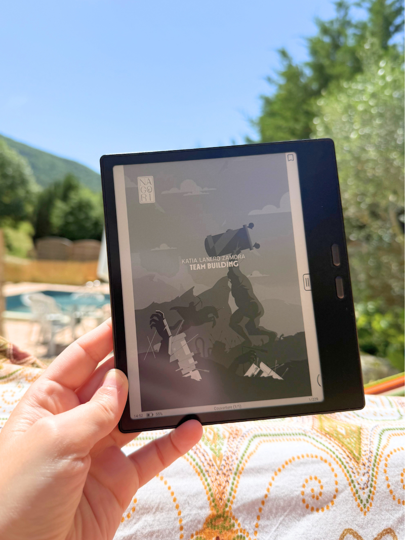 Livre d’une liseuse avec Team Building prise en photo sur un hamac coloré devant une piscine.